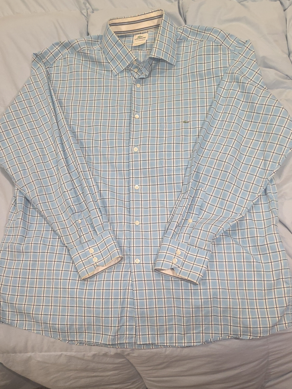 Lacoste Men's Light Blue Plaid Dress Shirt with White & Navy Windowpane